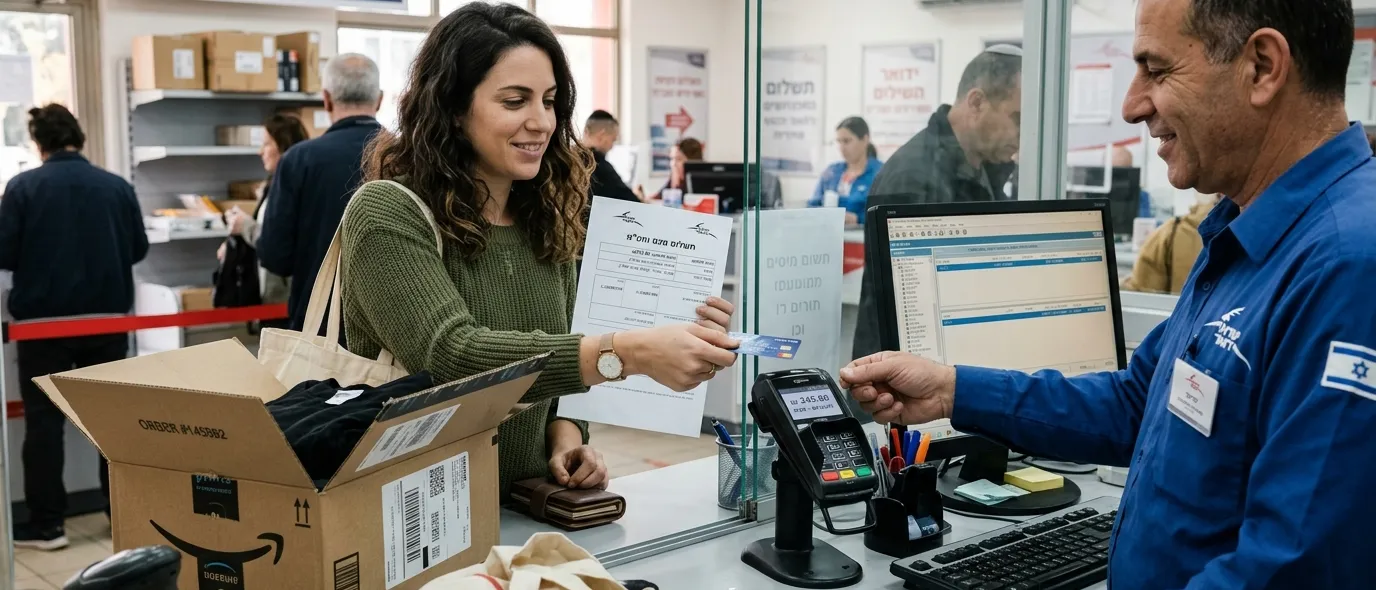 אישה משלמת מכס בבנק הדואר